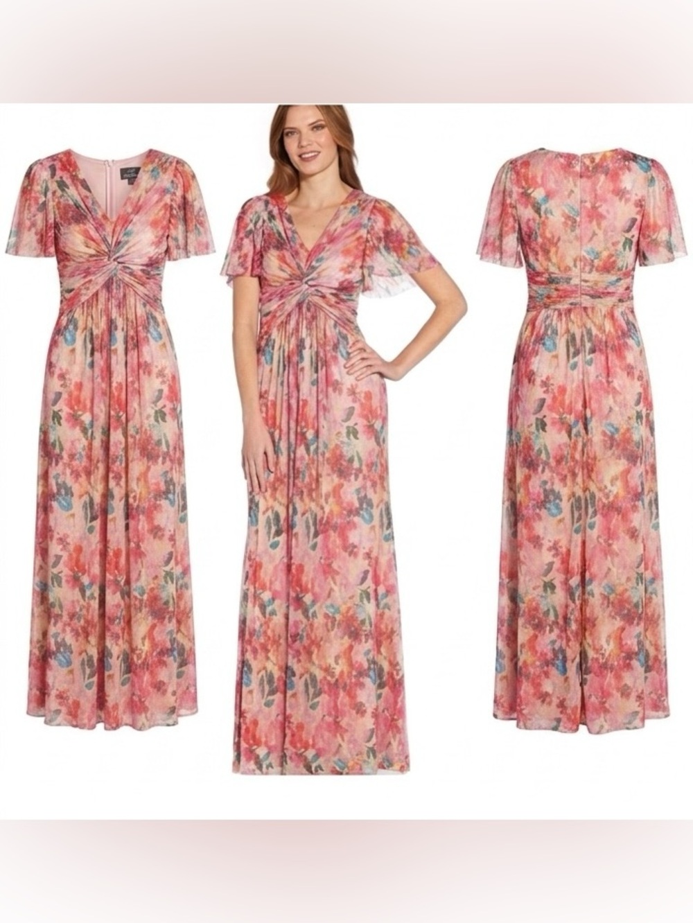 NWT Adrianna Papell Pink Floral Twist-Front Maxi Dress Sz 8 Wedding Guest